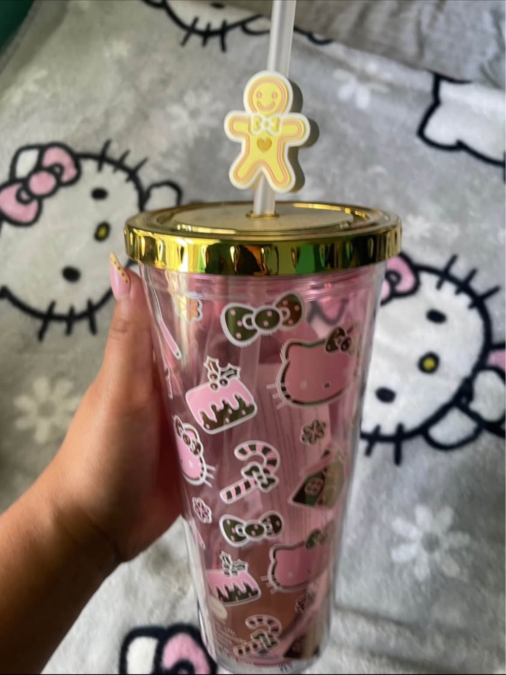 Hello Kitty Pink Double-Wall Tumbler with Gold Lid and Straw